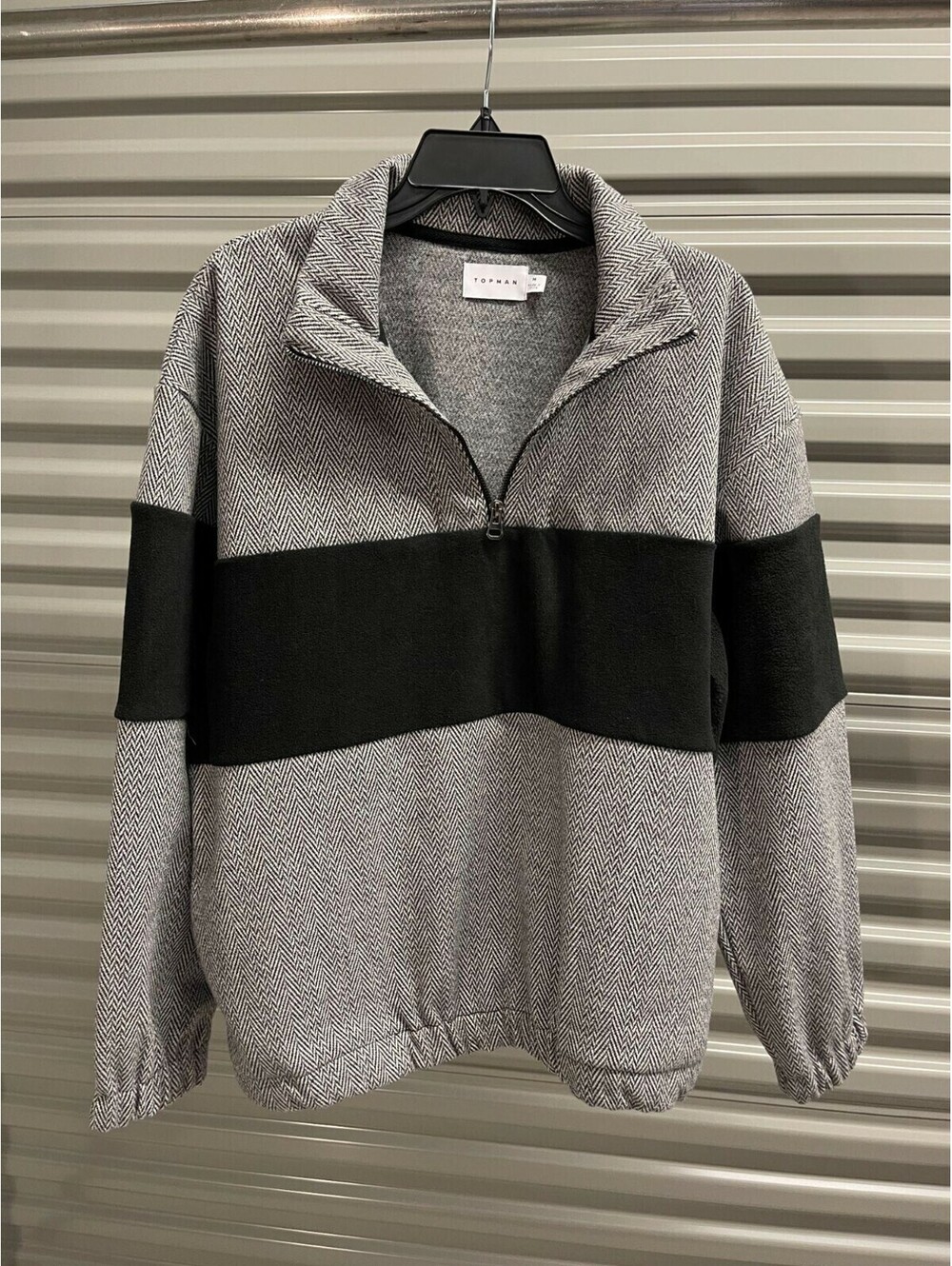 Topman Herringbone Texture-Panel Quarter-Zip Pullover Oversized Medium